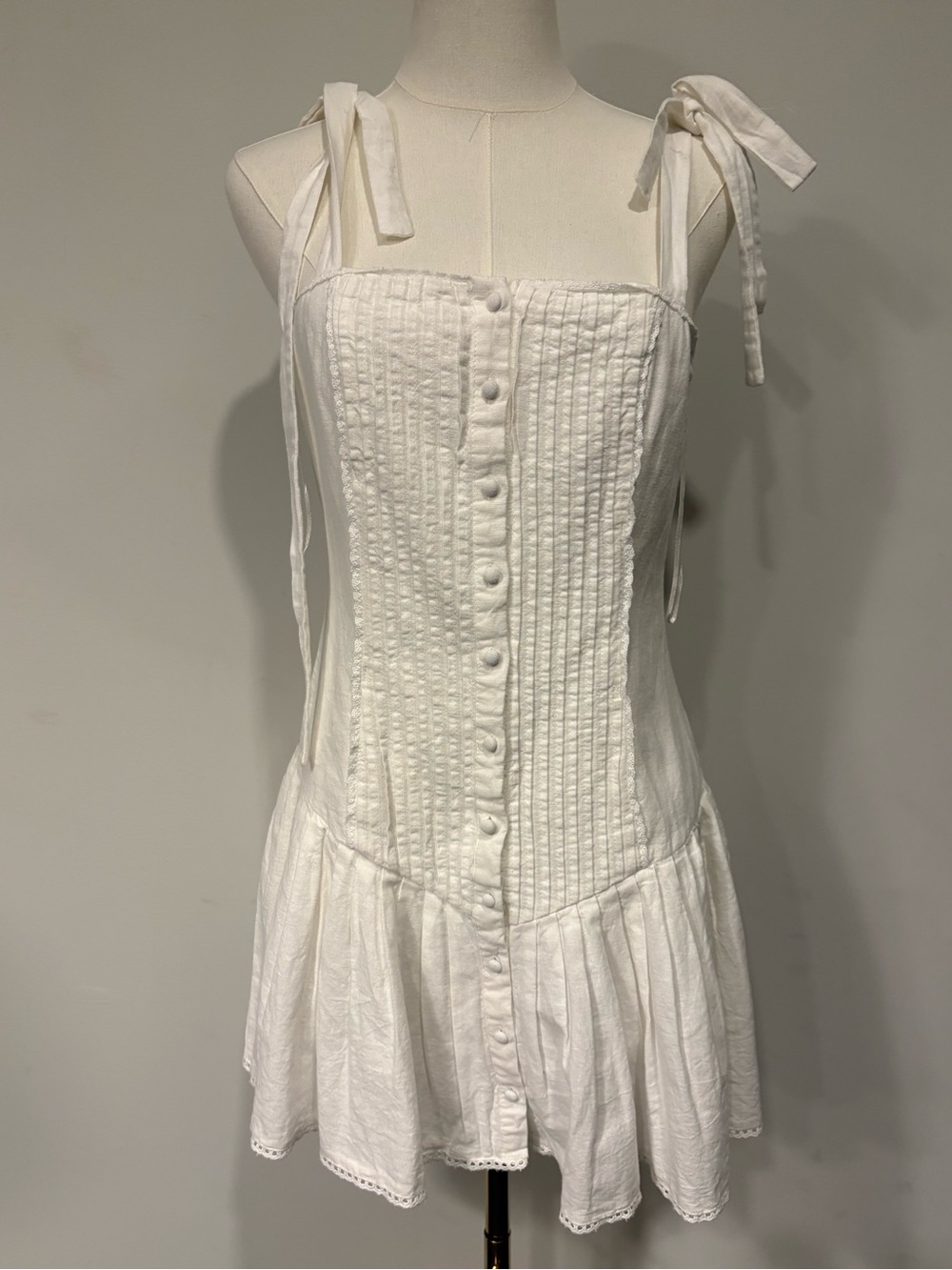 NEW ZARA Linen White Tie-Shoulder Button-Front Sundress small